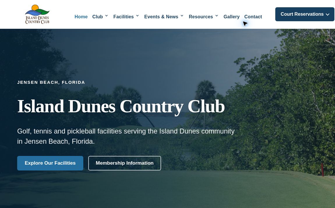 Screenshot of Island Dunes Country Club homepage navigation and golf course hero