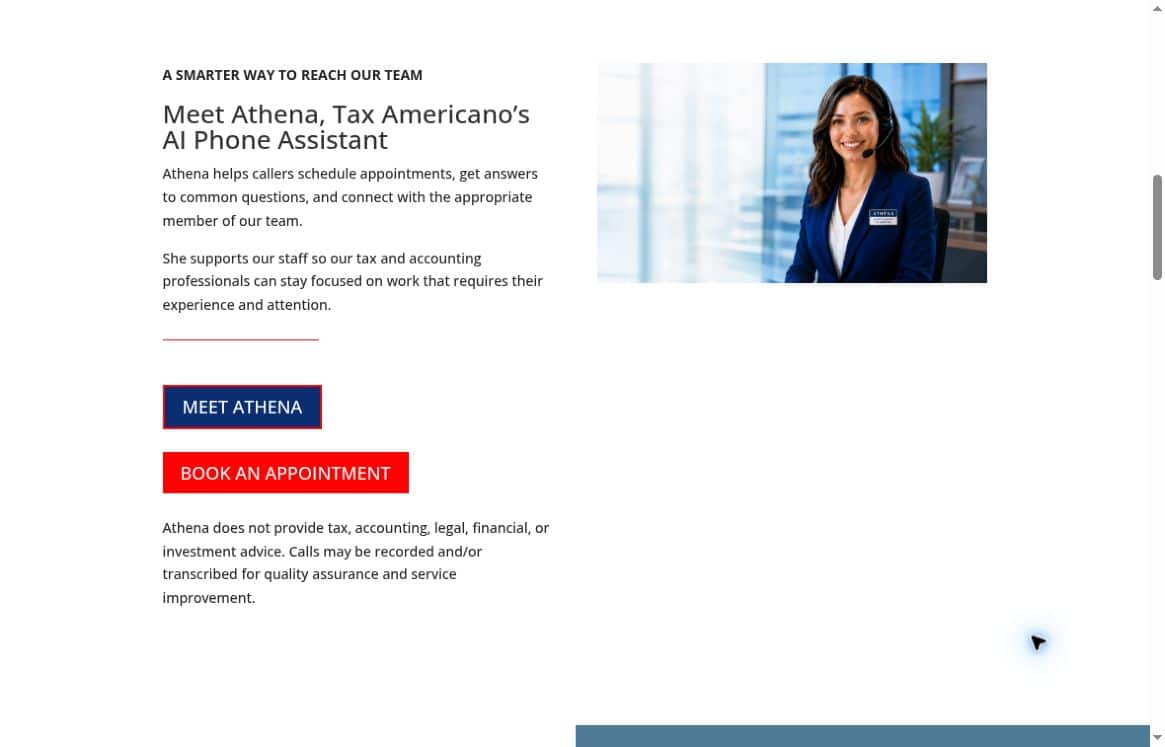 Screenshot of the Athena AI phone assistant section on Tax Americano's homepage