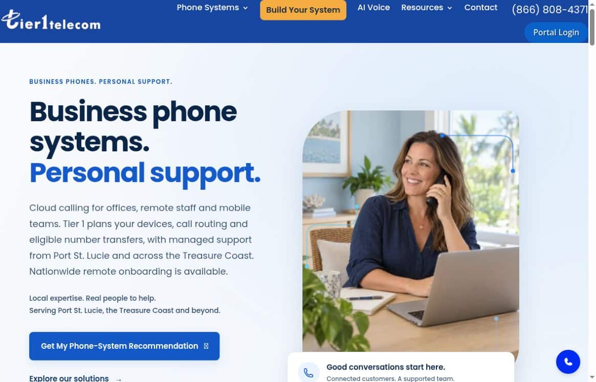 Screenshot of the Tier 1 Telecom homepage and business phone service introduction